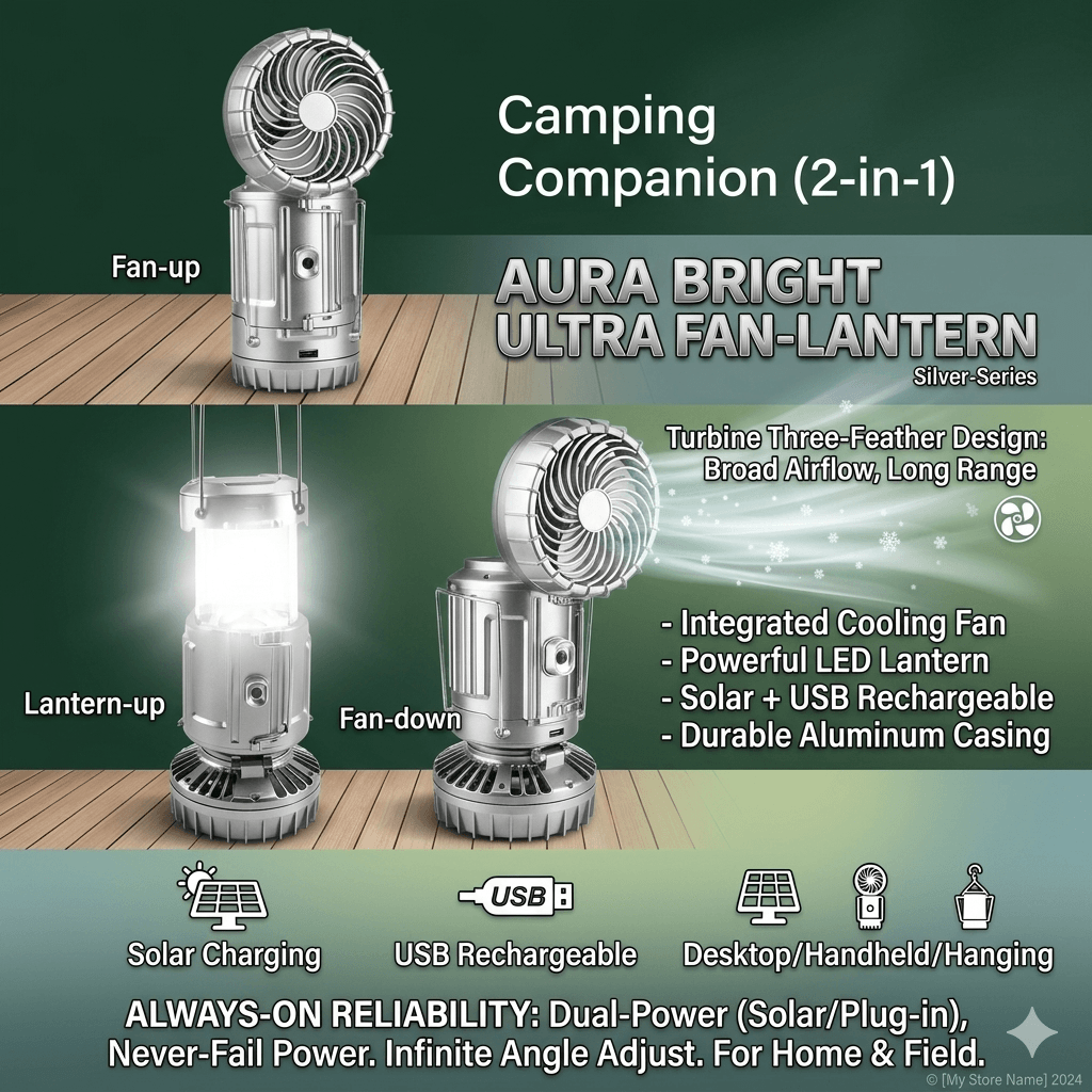 3-in-1 Portable Solar LED Camping Lantern with Fan | Outdoor Rechargeable Emergency Light