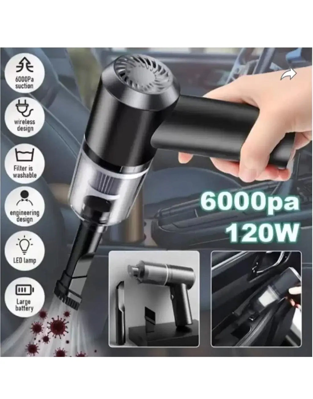 3 in 1 Portable Car Vacuum Cleaner – Wireless Handheld Cleaner for Car & Home